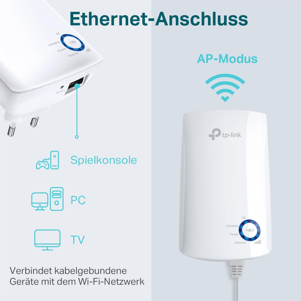 TP-Link TL-WA850RE WLAN-Repeater – 300 Mbit/s, Ethernet-Port, App-Steuerung, AP-Modus, Weiß