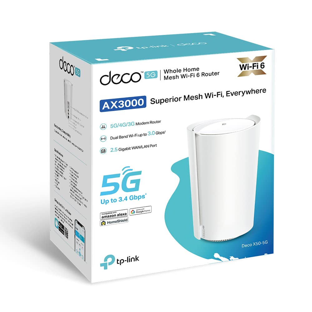 TP-Link Deco X50-5G LTE Router – Wi-Fi 6 AX3000, 5G SIM, 2,5-Gbit/s & 2× Gigabit-Ports, Mesh-fähig, App-Steuerung