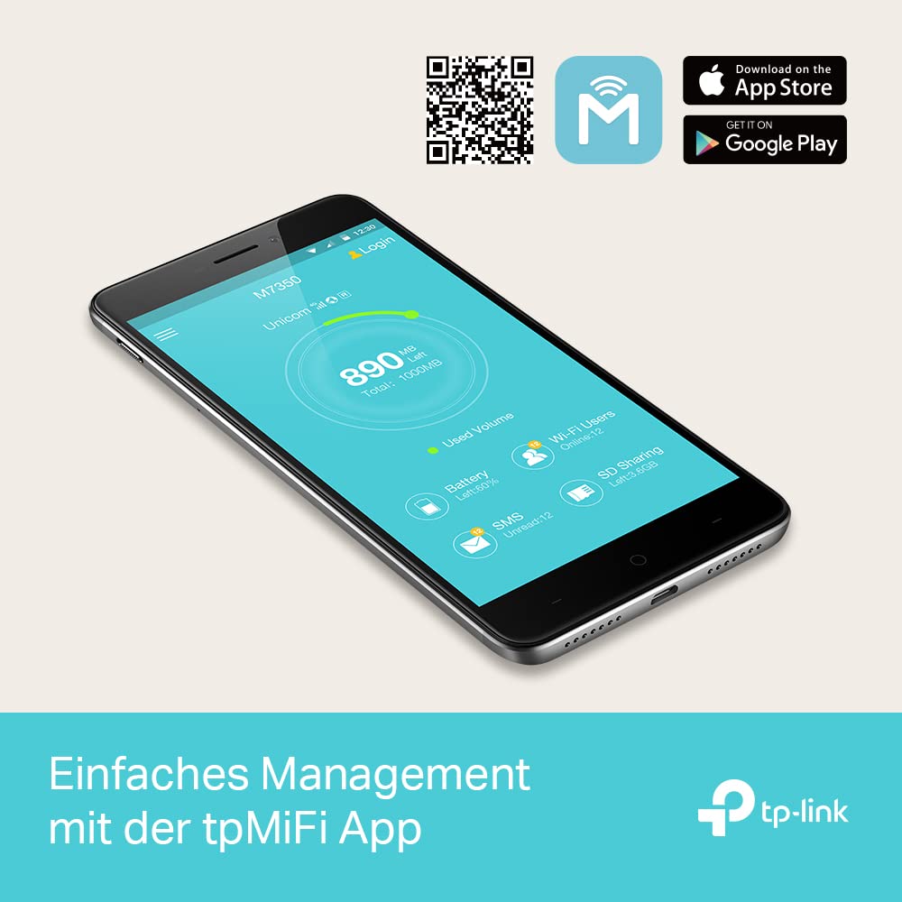 TP-Link M7350 Mobiler 4G LTE Hotspot – AC150, 2000mAh Akku, LCD, EU-SIM kompatibel, Schwarz