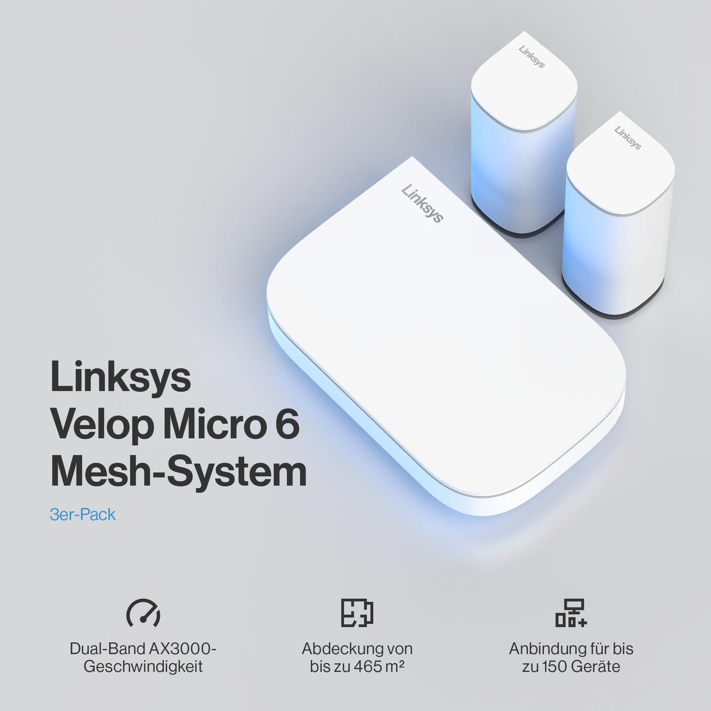 Linksys Velop Micro 6 Wi-Fi 6 Mesh-System – Dual-Band, bis 3 Gbit/s, 465 m² Abdeckung, 3er Pack