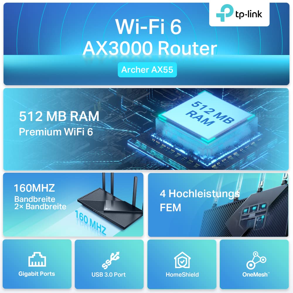 TP-Link Archer AX55 Wi-Fi 6 Router – Gigabit WLAN, 4× LAN, USB 3.0