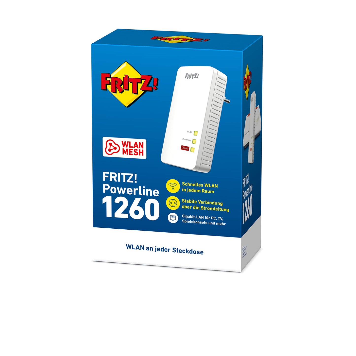 FRITZ!Powerline 1260 Single-Adapter – 1.200 MBit/s, WLAN-Access Point, Media-Streaming & NAS