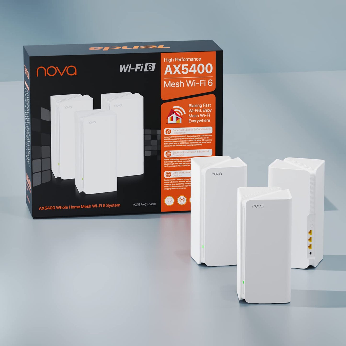 Tenda Nova MX15 Pro AX5400 Wi-Fi 6 Mesh WLAN System – 3er-Pack, Dualband, 9× Gigabit-Ports, Alexa-kompatibel