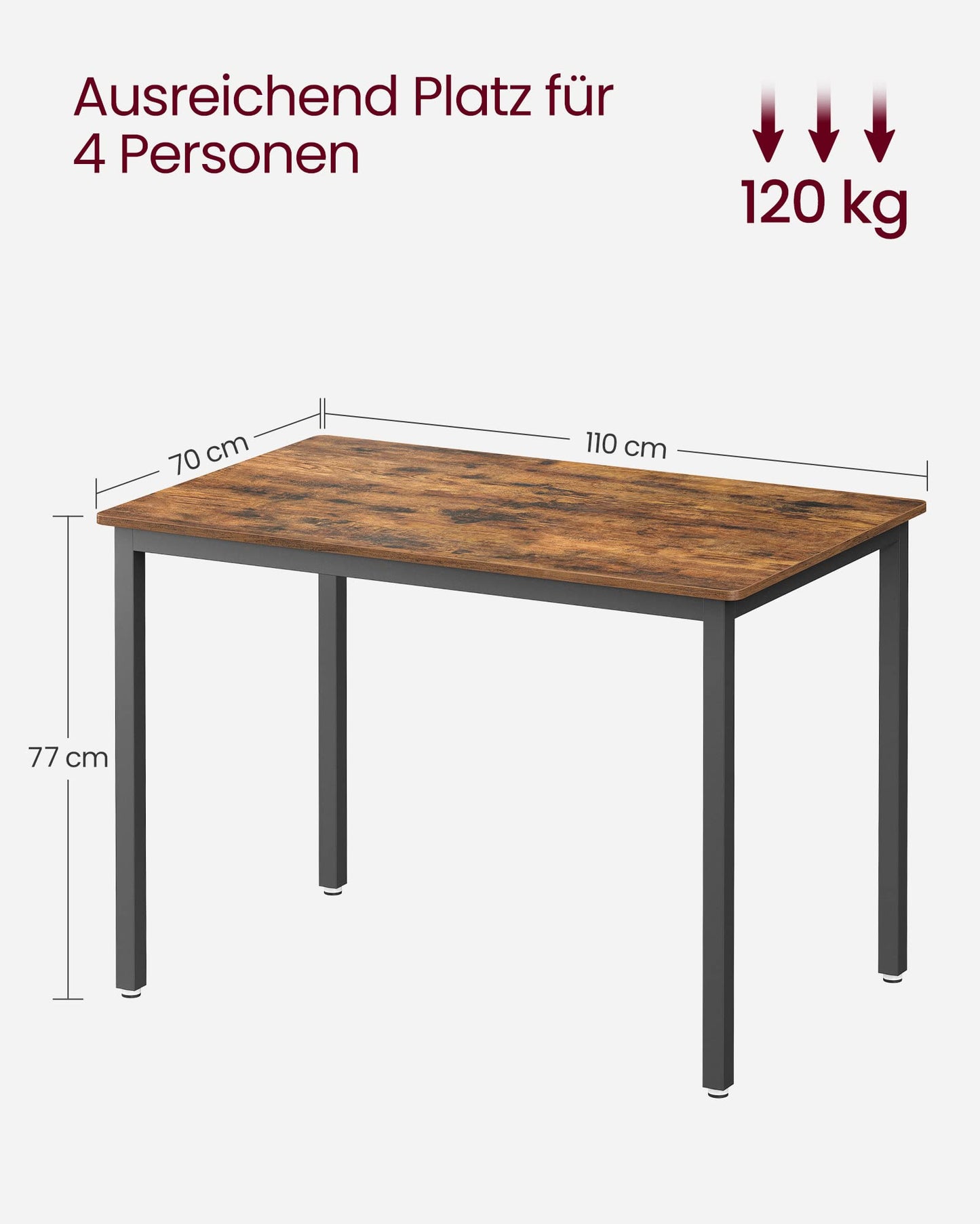 VASAGLE Esstisch 110x70 cm – Küchentisch für 4 Personen, Industrie-Design, Vintagebraun & Mattschwarz