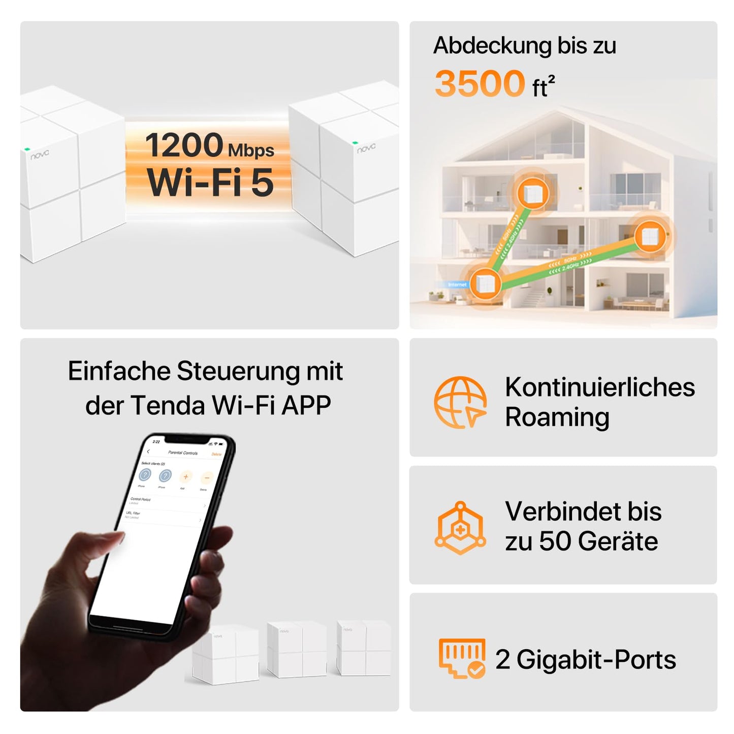 Tenda Nova MW6 Mesh WLAN Set – AC1200 Dual-Band, 3er-Pack, 6× Gigabit-Ports, App-Steuerung, WPA2