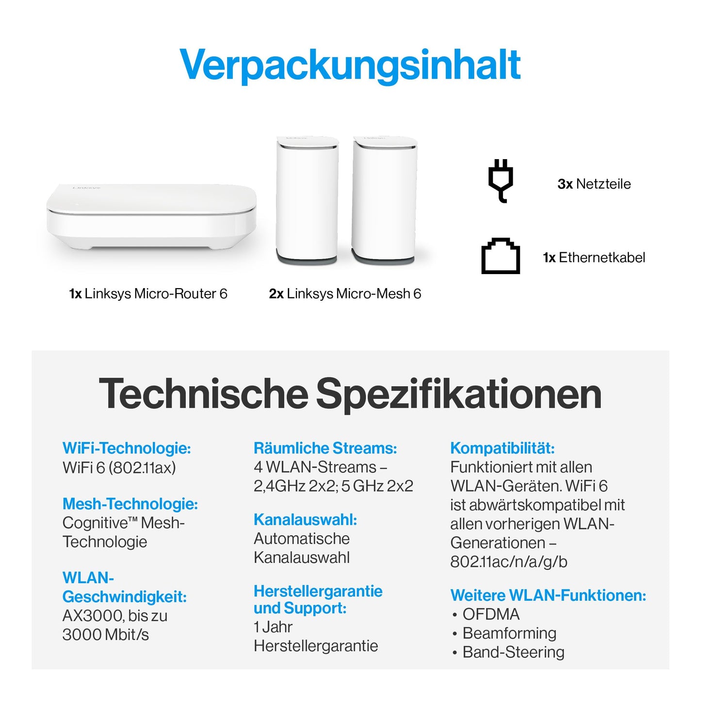 Linksys Velop Micro 6 Wi-Fi 6 Mesh-System – Dual-Band, bis 3 Gbit/s, 465 m² Abdeckung, 3er Pack
