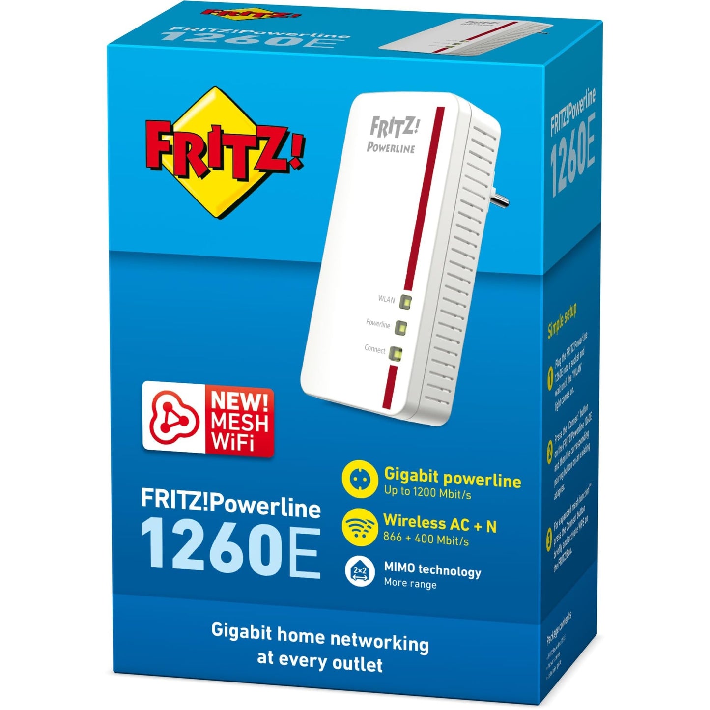 AVM FRITZ!Powerline 1260E Single-Adapter – 1.200 MBit/s, WLAN-Access Point, Mesh, Gigabit