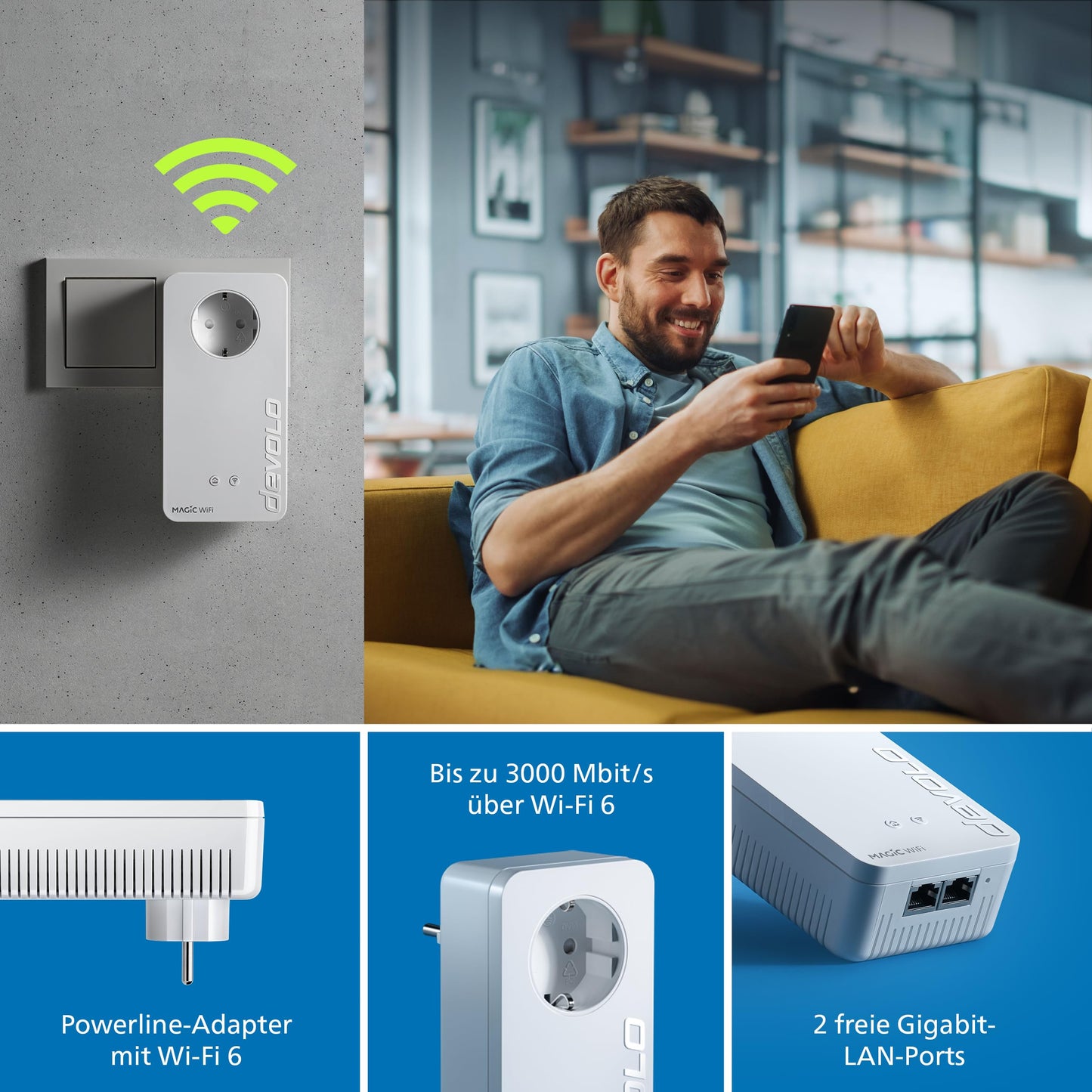 devolo Magic 2 WiFi 6 Starter Kit – WLAN Powerline, bis 3.000 MBit/s, 2x Gigabit-LAN, Mesh